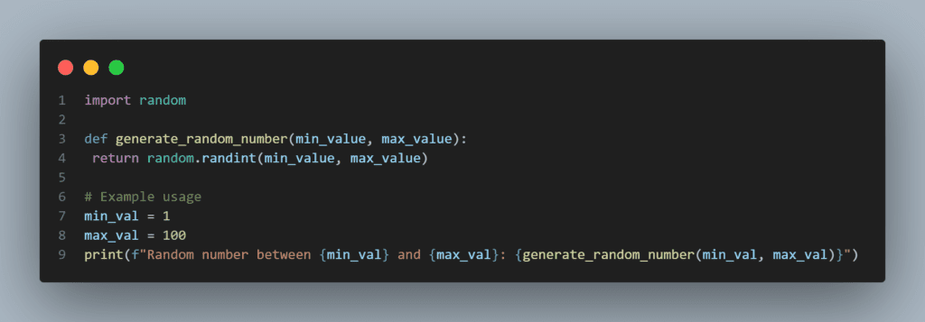 example of the result : Random number between 1 and 100: 4